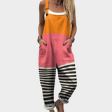 Colour block striped dungarees in Orange Pink Black, front view