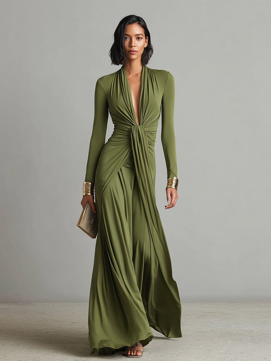 Olive green deep V neck maxi dress, view 4