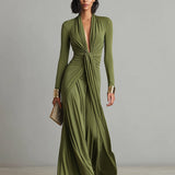 Olive green deep V neck maxi dress, view 4