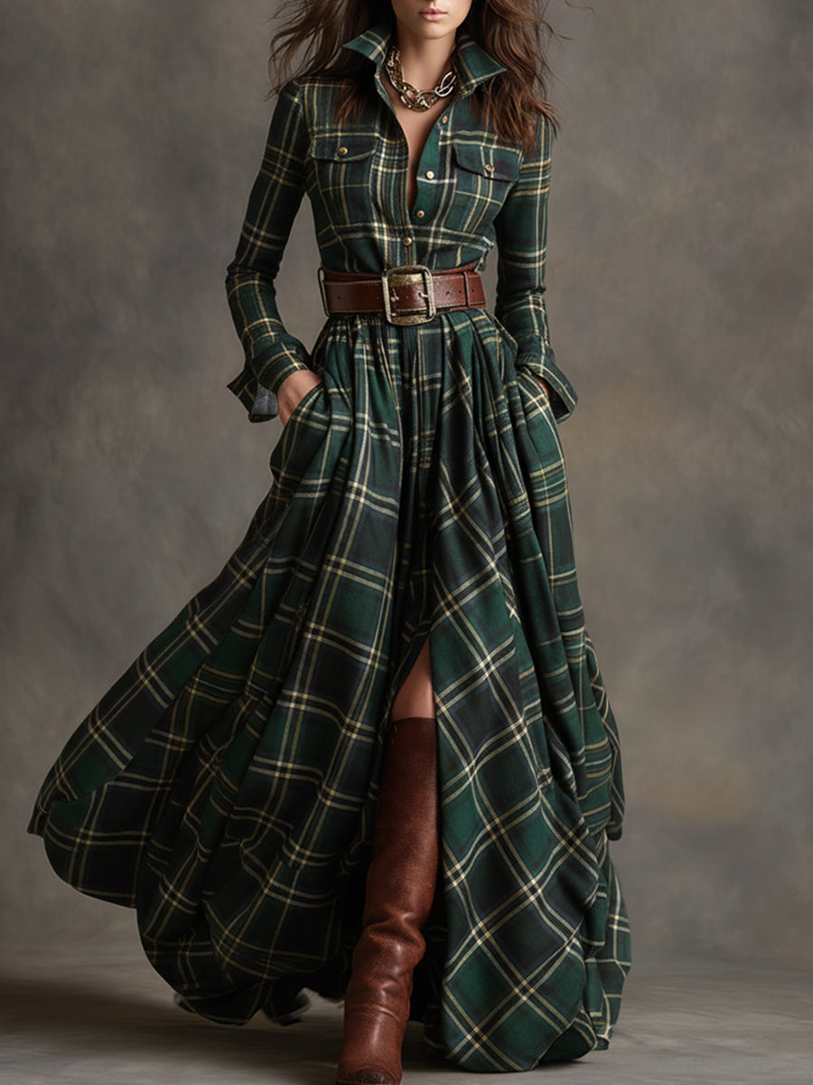 Mandy plaid belted shirt dress in Green, view 2