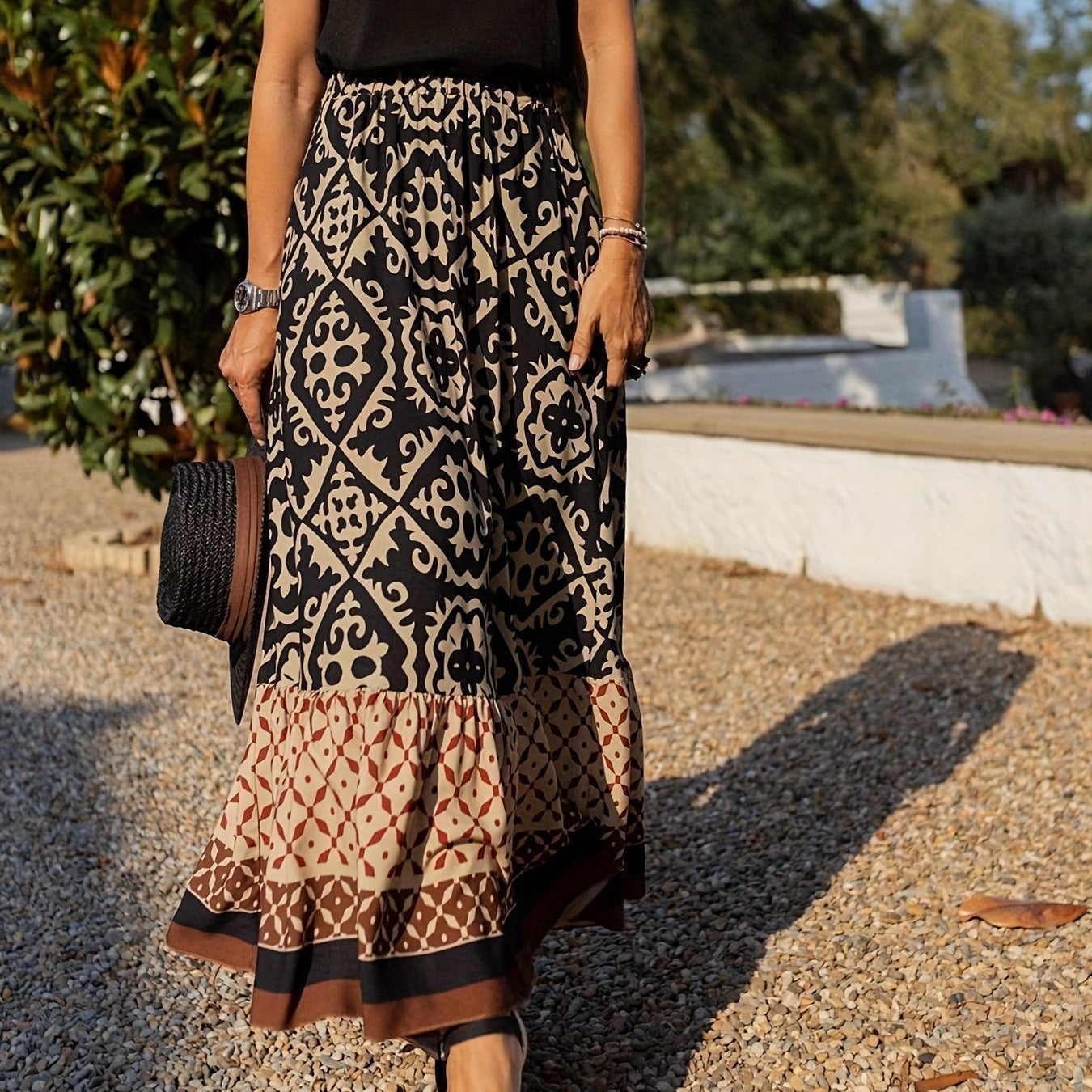 Yalina boho print maxi skirt with fringes in Black, view 4
