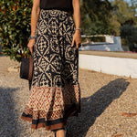 Yalina boho print maxi skirt with fringes in Black, view 4