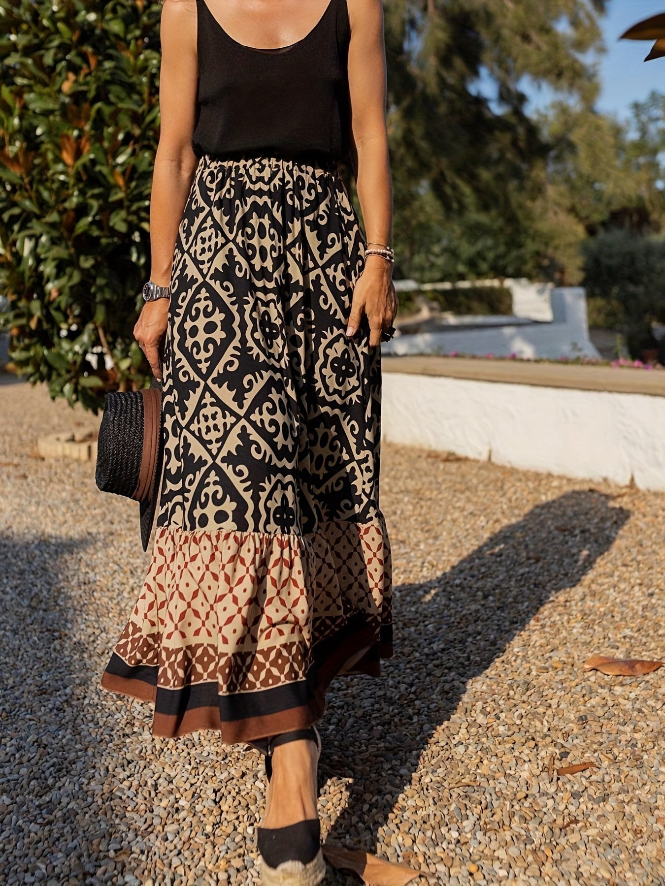 Yalina boho print maxi skirt with fringes in Black, view 4
