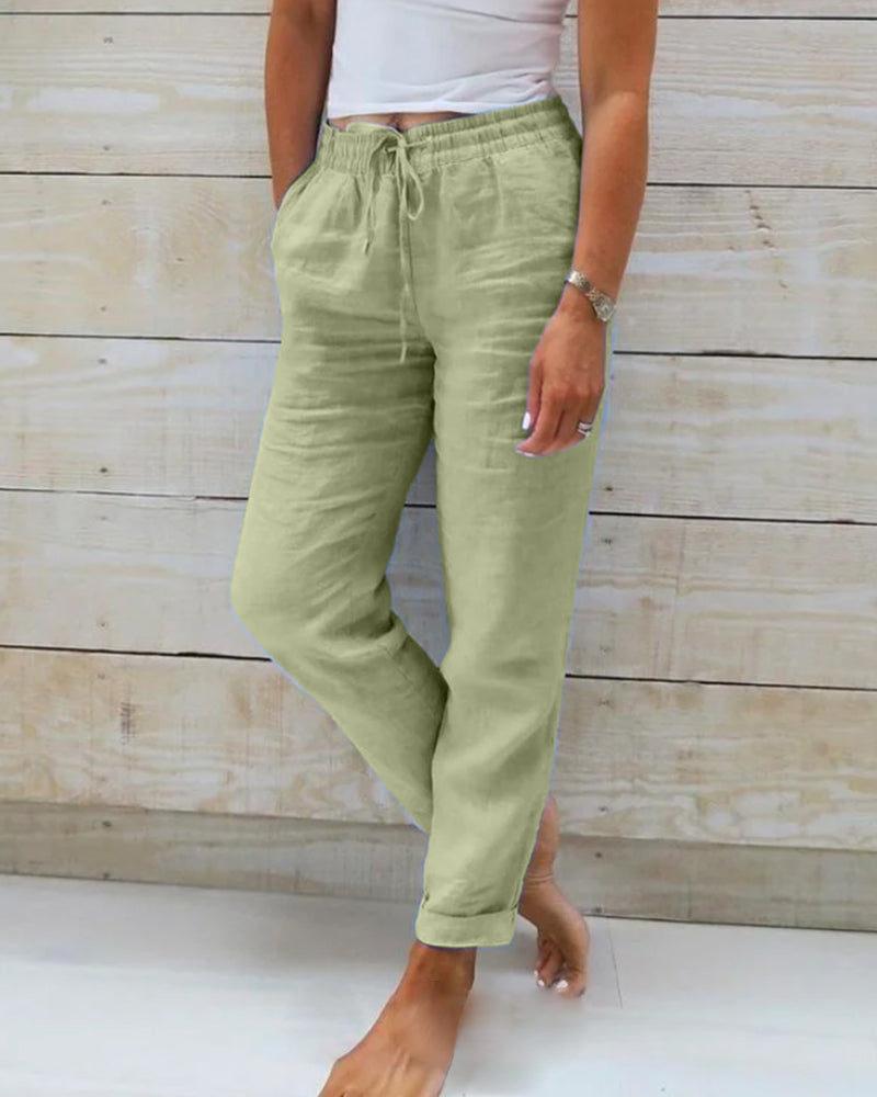 Aria cotton and linen elastic waist trousers in Green, view 5