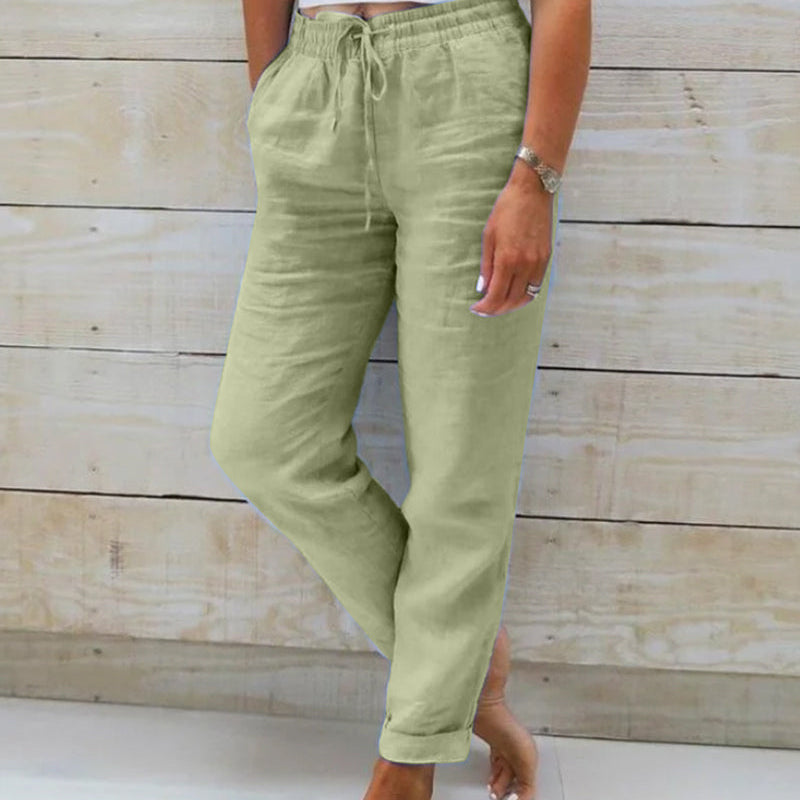Aria cotton and linen elastic waist trousers in Green, view 5