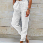Aria cotton and linen elastic waist trousers in White, view 6
