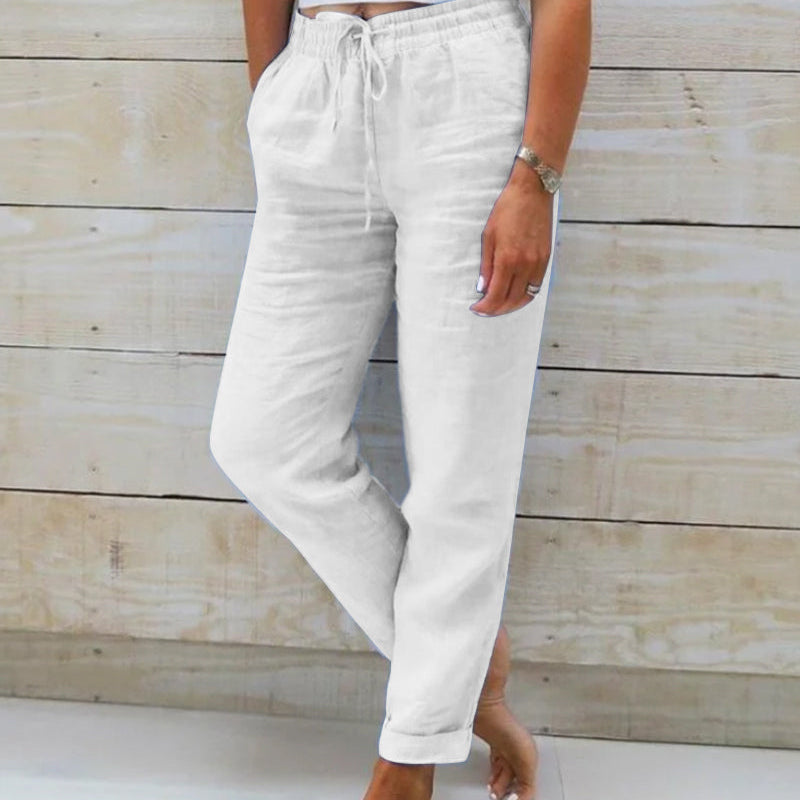 Aria cotton and linen elastic waist trousers in White, view 6