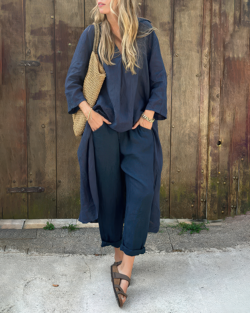Maggie elegant two-piece set in Navy Blue, front view