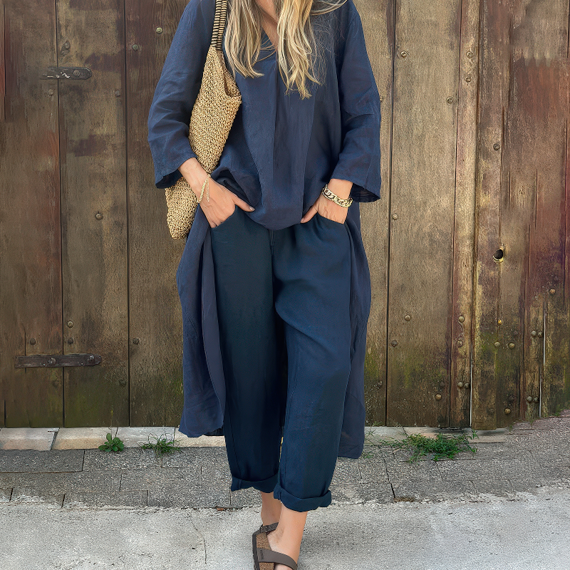 Maggie elegant two-piece set in Navy Blue, front view