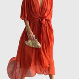 Bethany elegant V neck midi dress in Orange, view 9