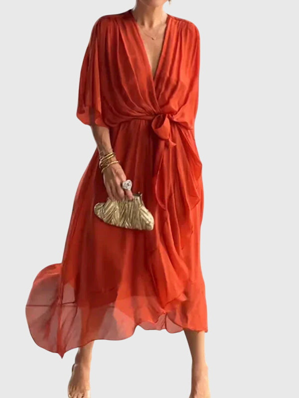 Bethany V neck belted midi dress in Orange, view 12