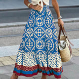 Yalina boho print maxi skirt with fringes in Blue, view 2