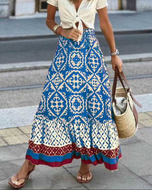 Yalina boho print maxi skirt with fringes in Blue, view 2