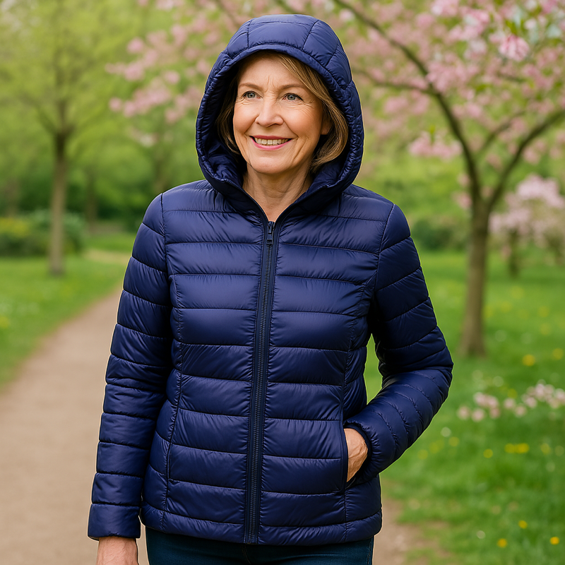 Metta navy blue hooded puffer jacket, front view