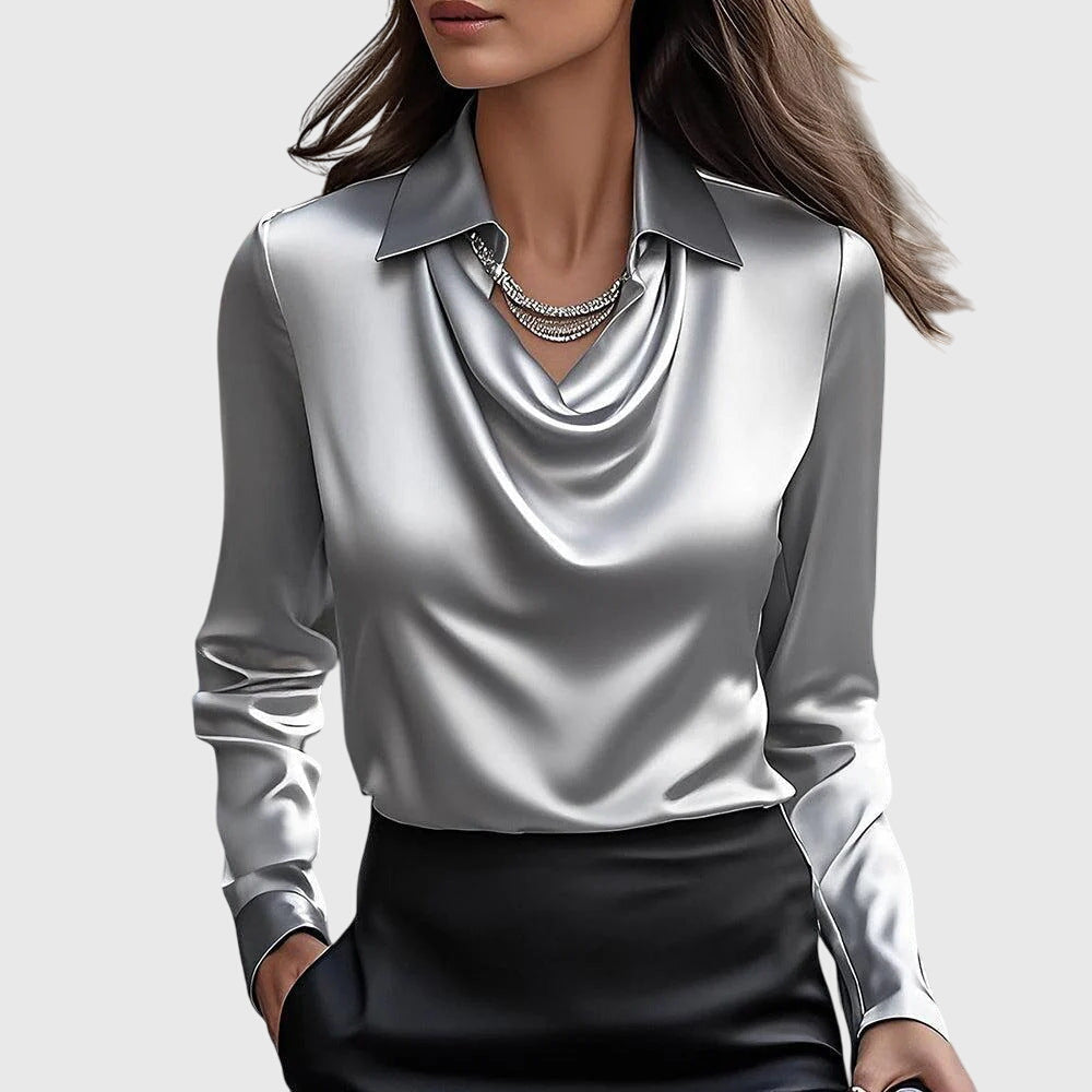 Brooklyn satin draped neck blouse in Silver, view 2