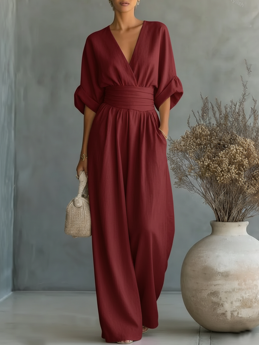 Maja V Neck High Waisted Jumpsuit in Red, view 4