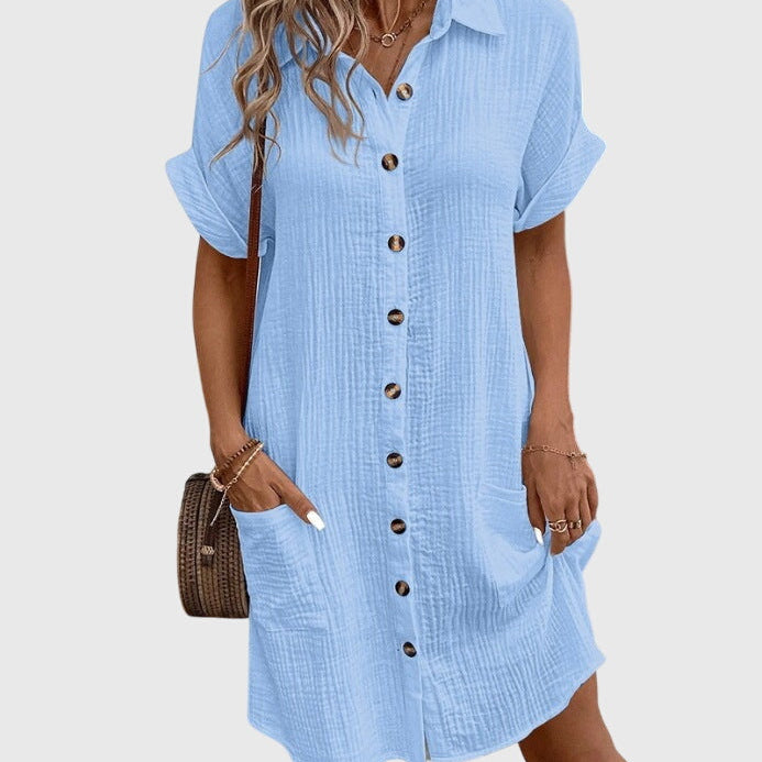 Caroline Comfortable Shirt Dress in Light Blue, view 4