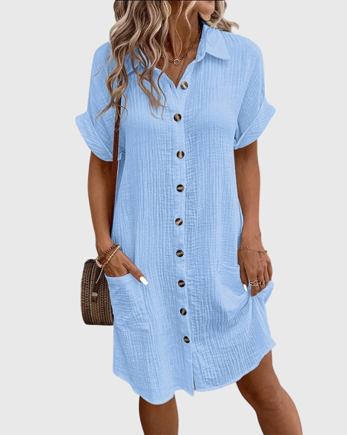 Caroline Comfortable Shirt Dress in Light Blue, view 4