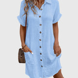Caroline Button Front Shirt Dress in Light Blue, view 4