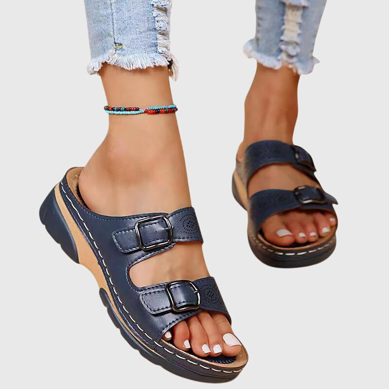 Diora Orthopaedic Leather Wedge Sandals in Blue, view 2