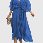 Bethany V neck belted midi dress in Navy Blue, view 3