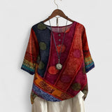 Auralie patchwork print boho top in Red, front view