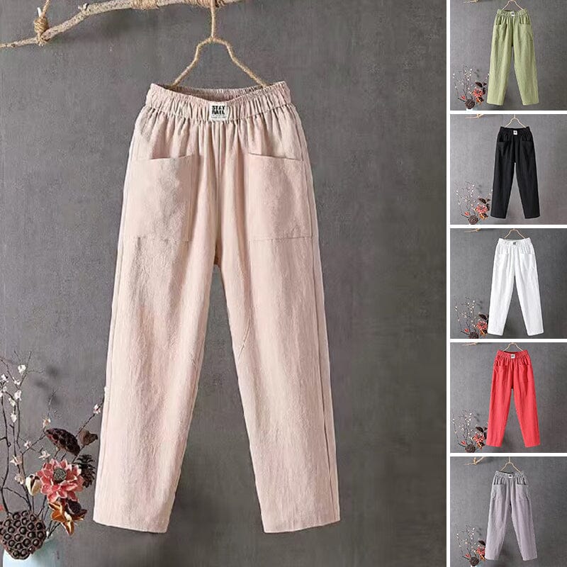 Classic cotton linen trousers with elasticated waist, view 2