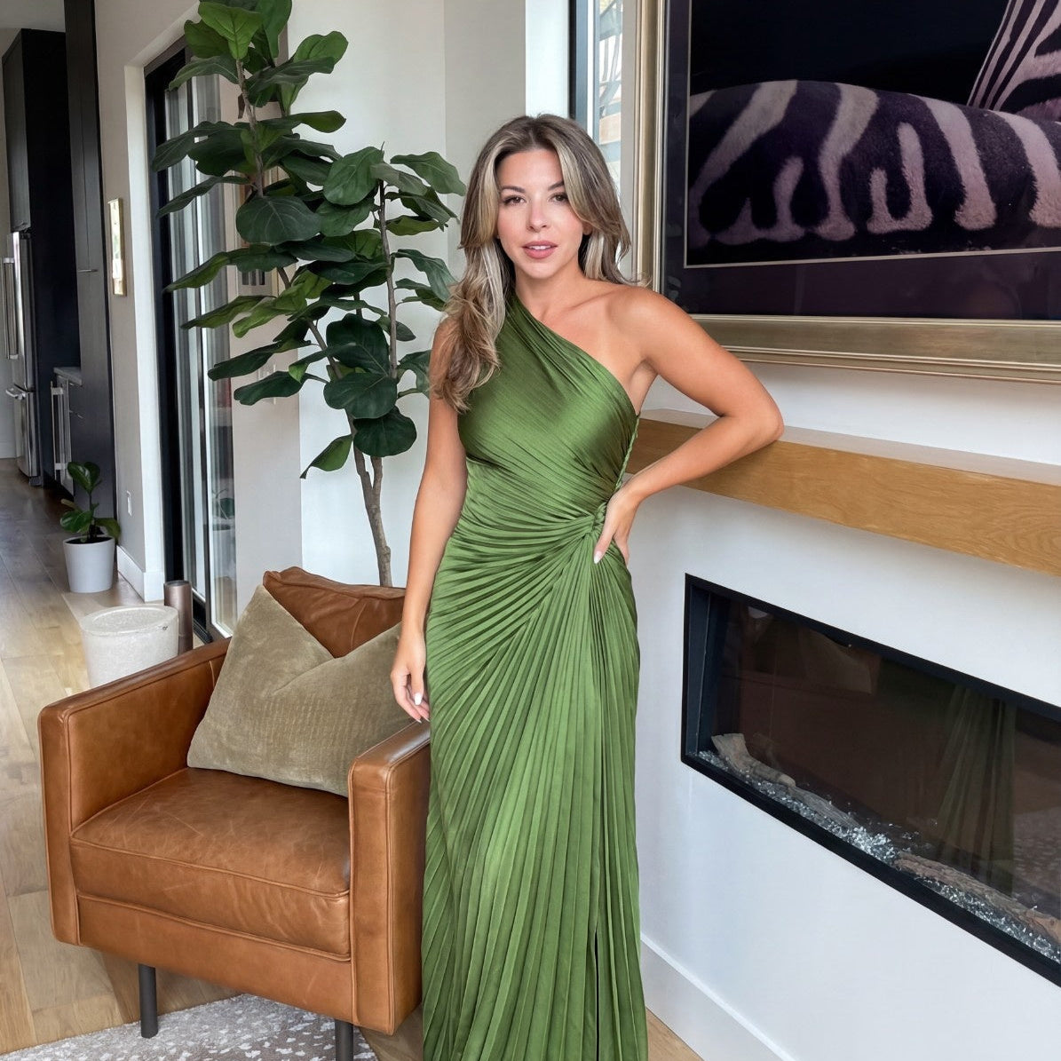 Aurelia one shoulder pleated maxi dress in Green, front view