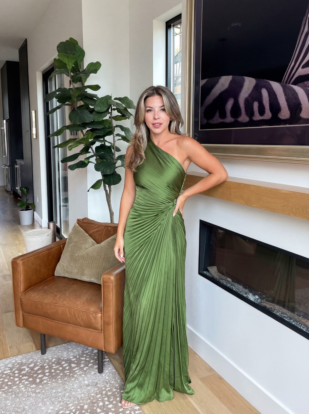 Aurelia one shoulder pleated maxi dress in Green, front view