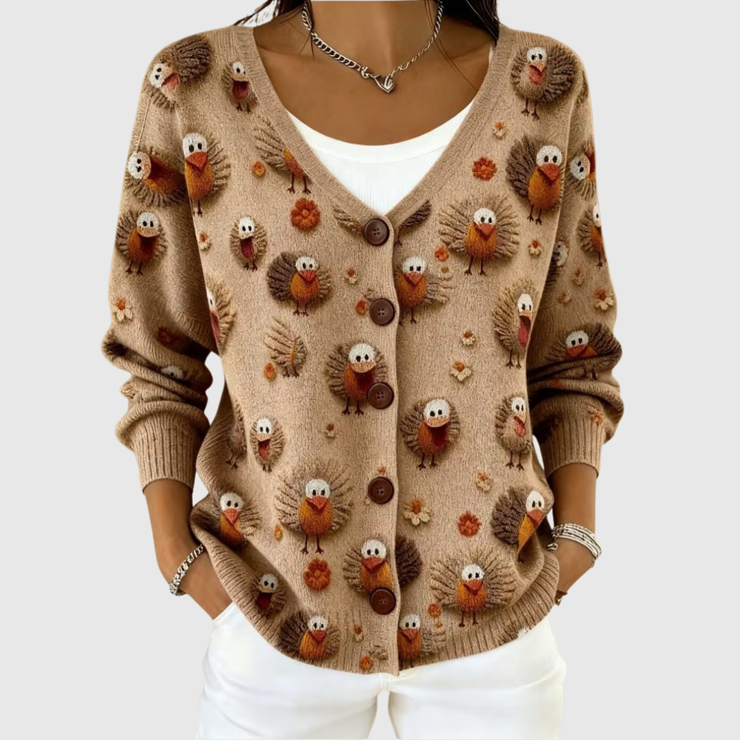 Daisy turkey print buttoned cardigan, front view