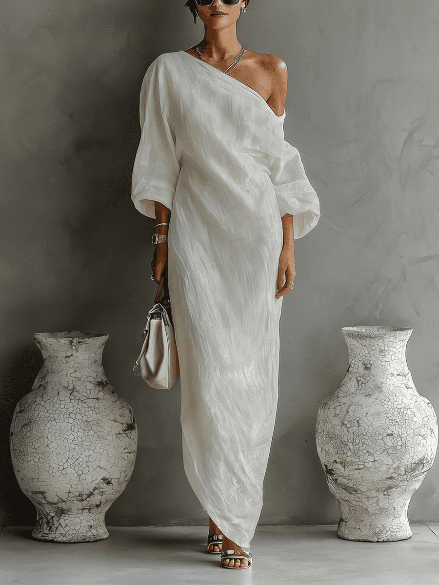 Aurora one shoulder linen maxi dress in Ivory White, view 2