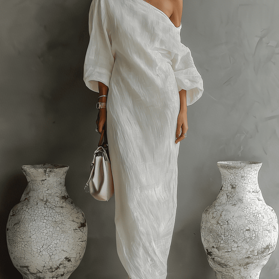 Aurora one shoulder linen maxi dress in Ivory White, view 2