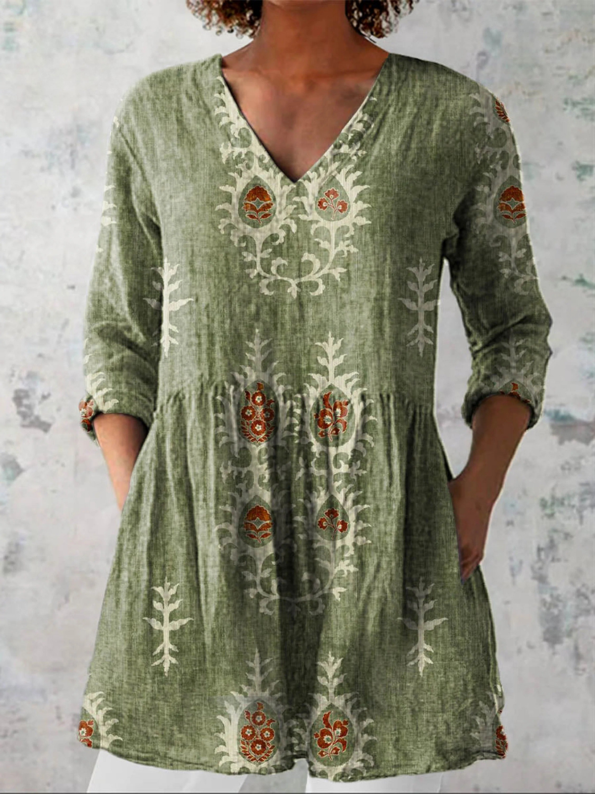 Elise soft green print V-neck blouse, front view