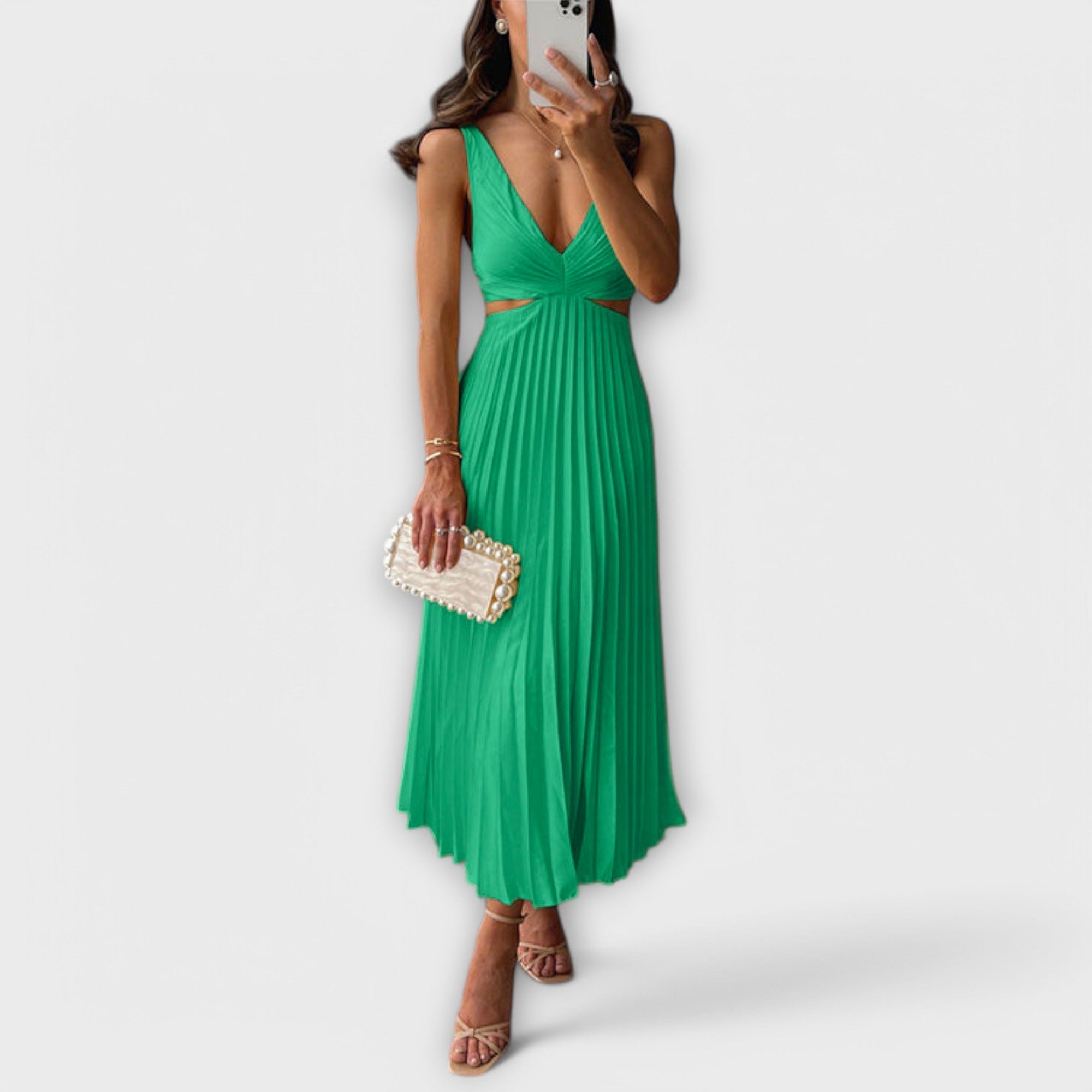Pleated Midi Evening Dress in Green, view 4