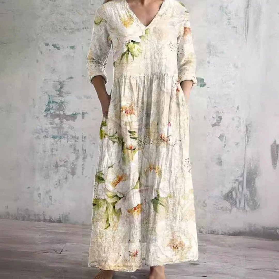 Anne timeless floral summer dress in Beige, front view