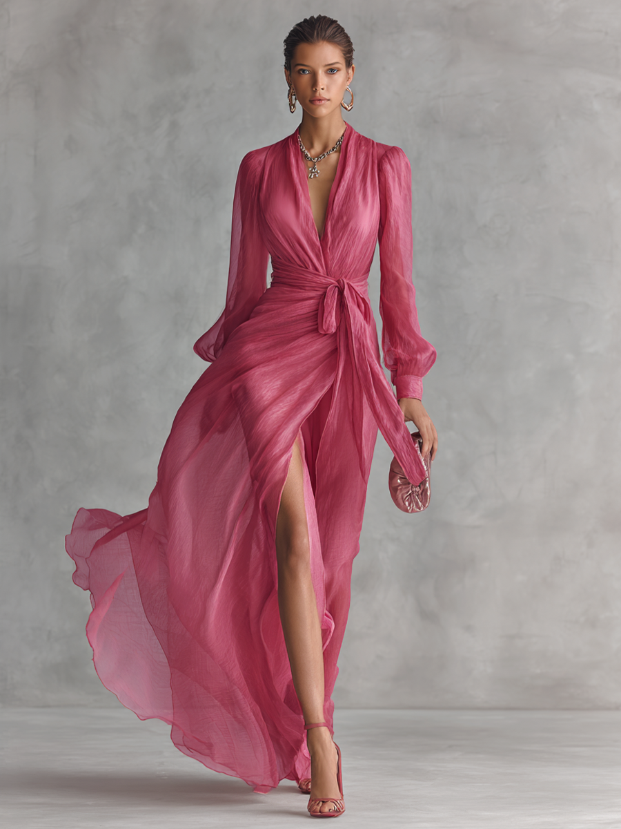 Pink chiffon V neck maxi dress, view 2