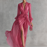 Pink chiffon V neck maxi dress, view 2