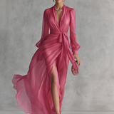 Pink chiffon V neck maxi dress, view 2