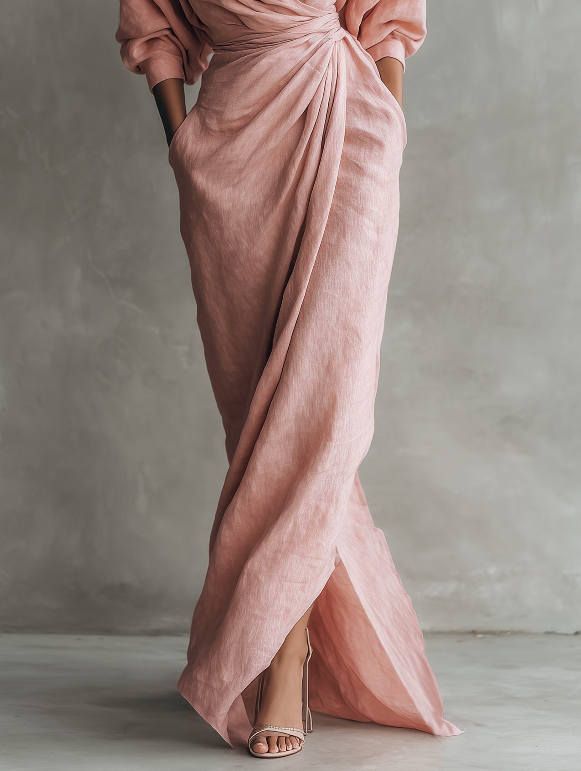 Pink linen V neck maxi dress, view 7