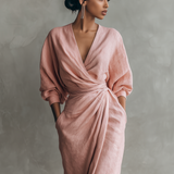 Pink linen V neck maxi dress, view 6