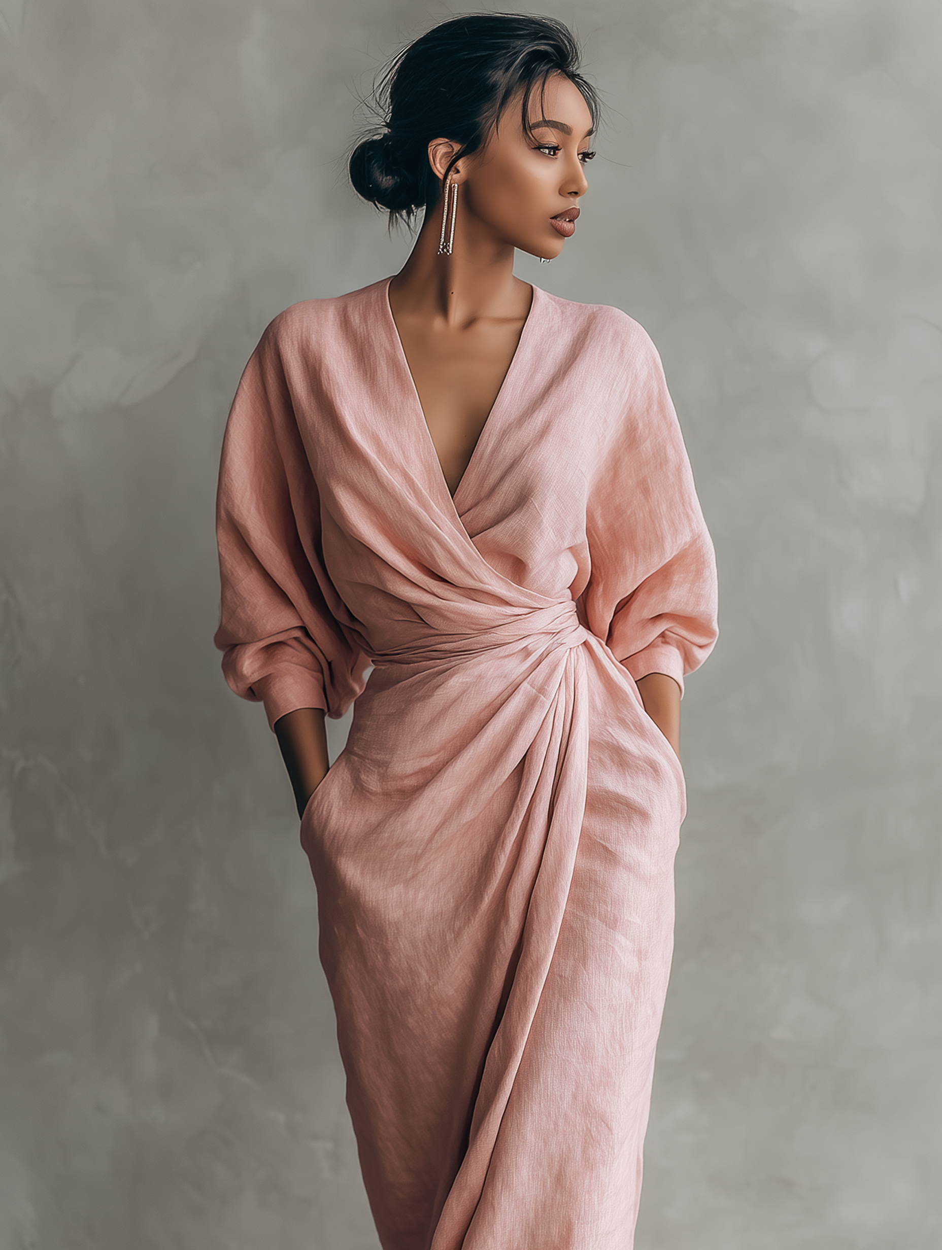 Pink linen V neck maxi dress, view 6