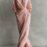 Pink linen V neck maxi dress, front view