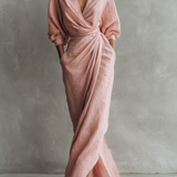Pink linen V neck maxi dress, front view