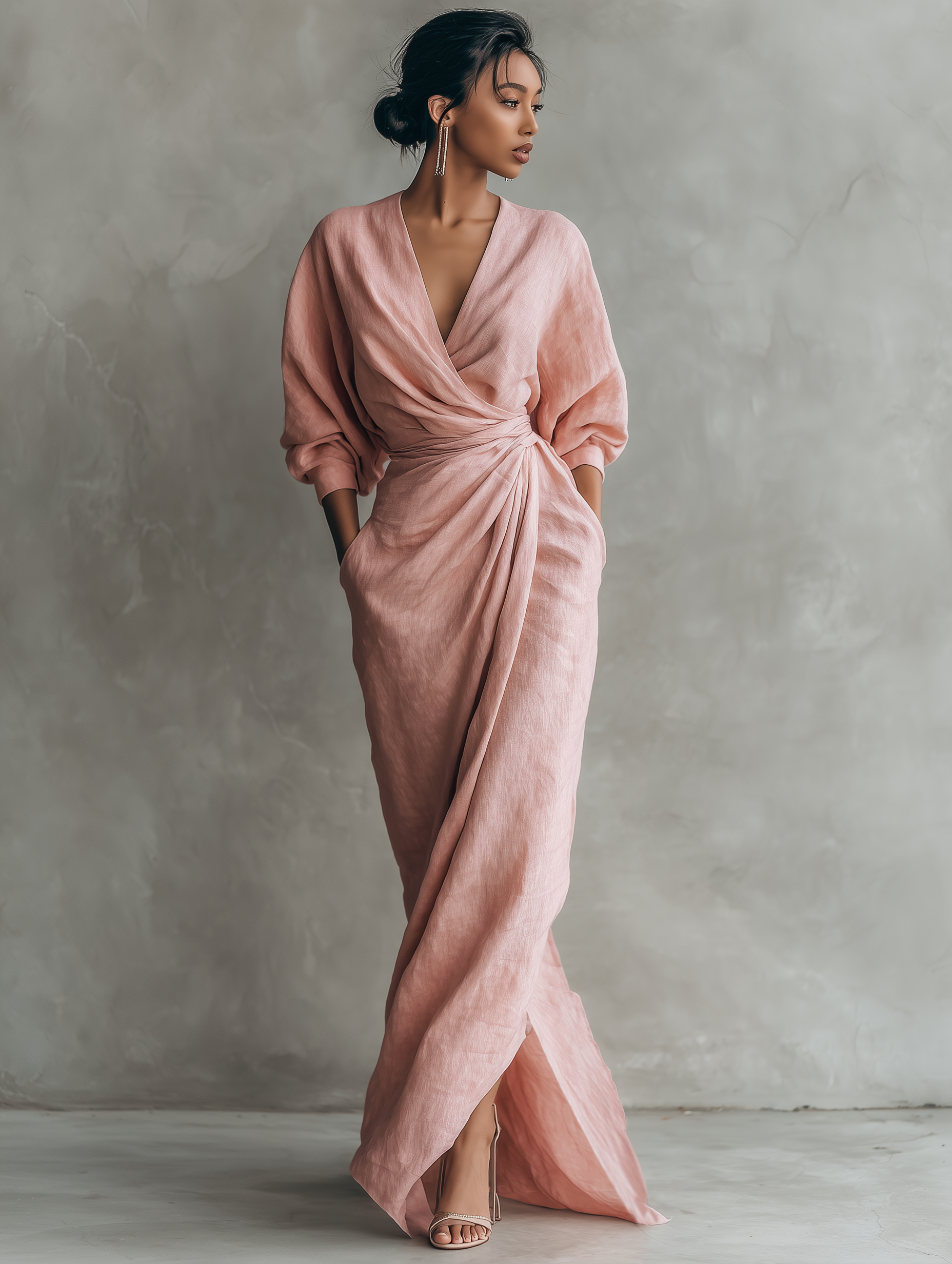 Pink linen V neck maxi dress, view 5