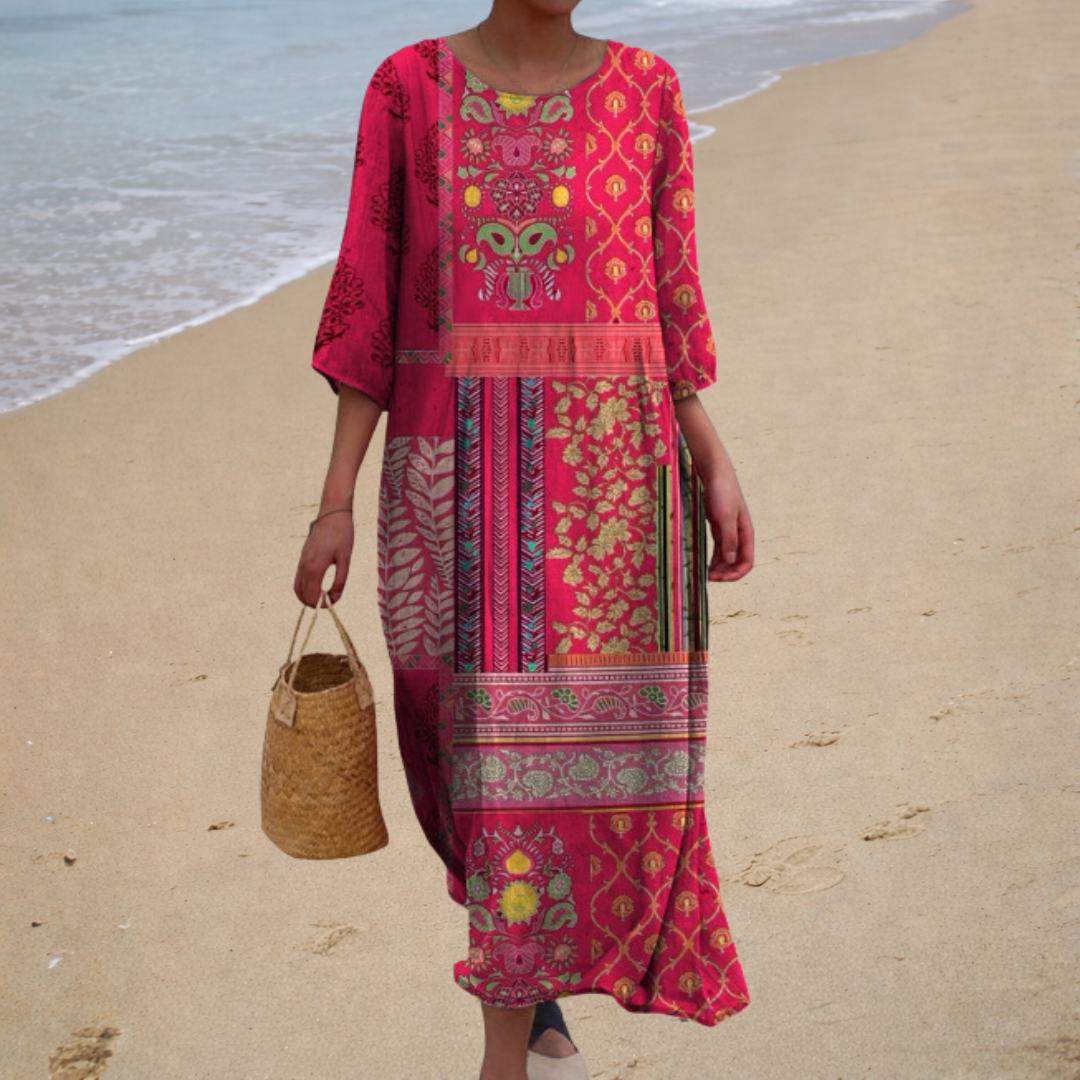Chic Comfortable Flowy Maxi Dress, raspberry boho print, front view