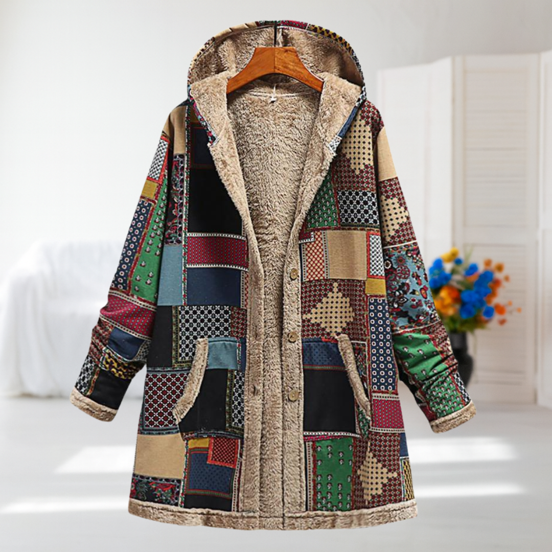 Camilla patchwork fleece-lined hooded coat in Multicolour, front view