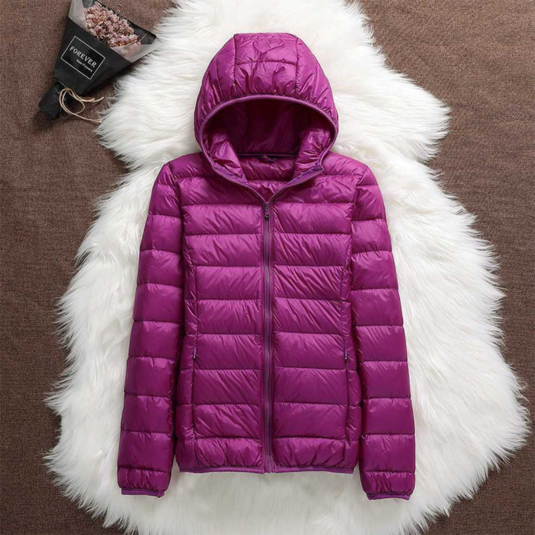 Metta purple hooded puffer jacket, view 2