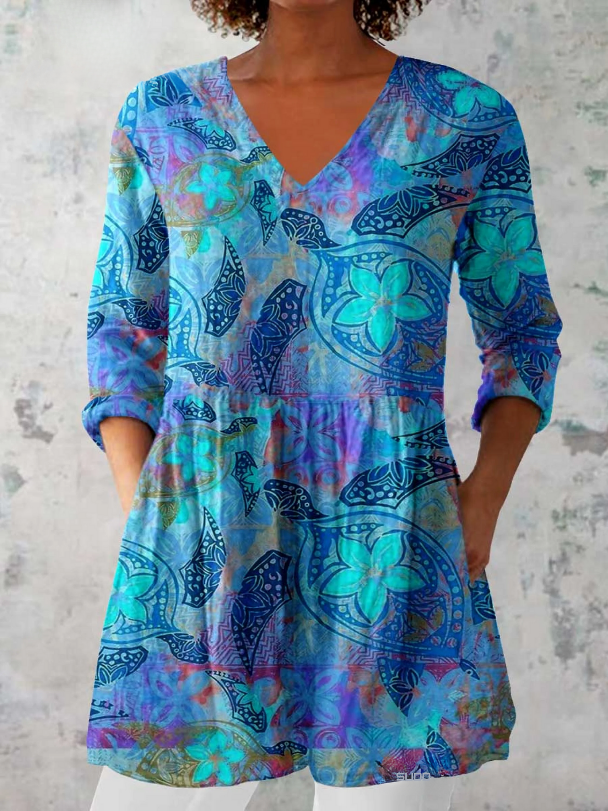 Juliette turquoise floral blouse in Blue, front view