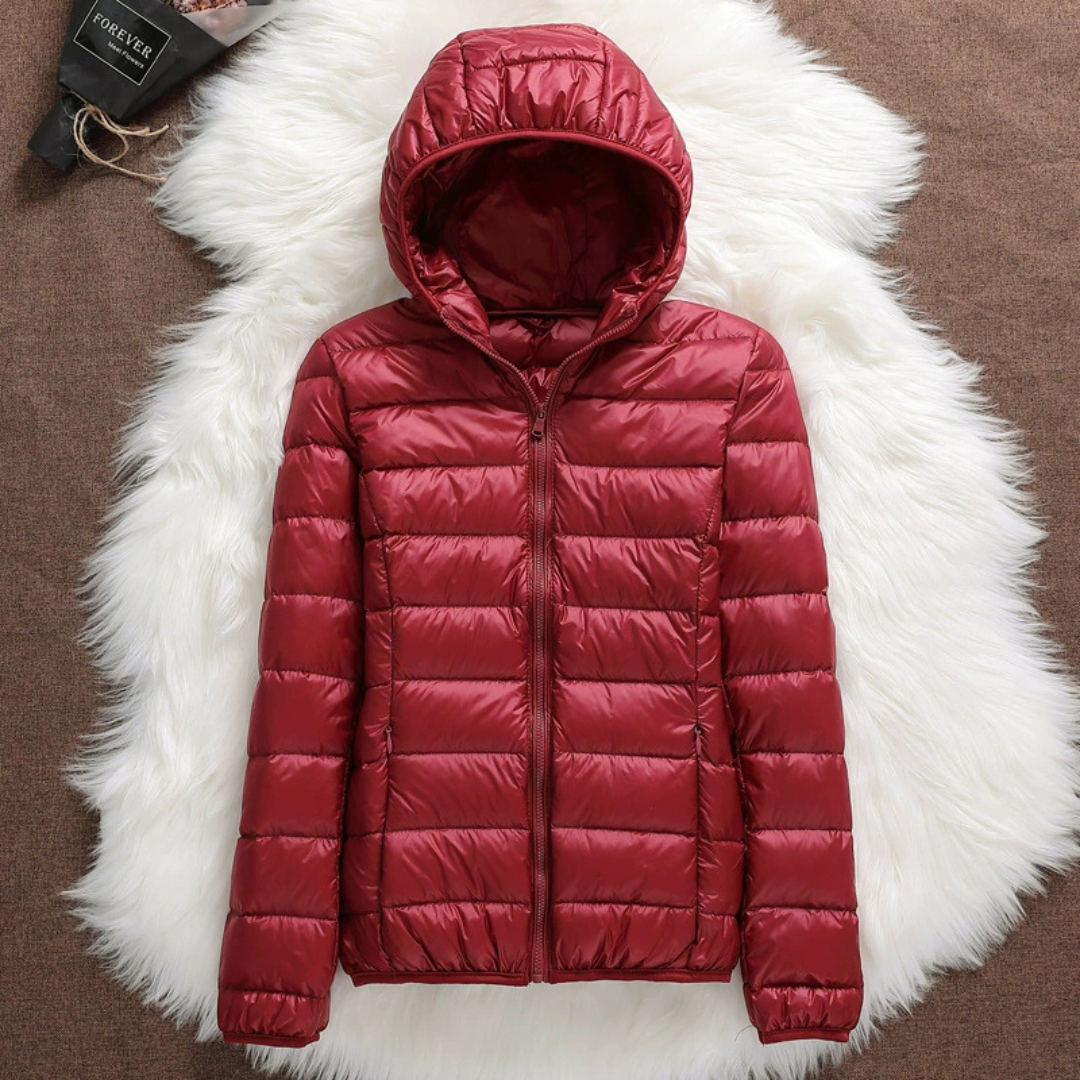 Metta dark red hooded puffer jacket, view 2