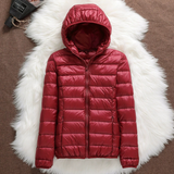 Metta dark red hooded puffer jacket, view 2